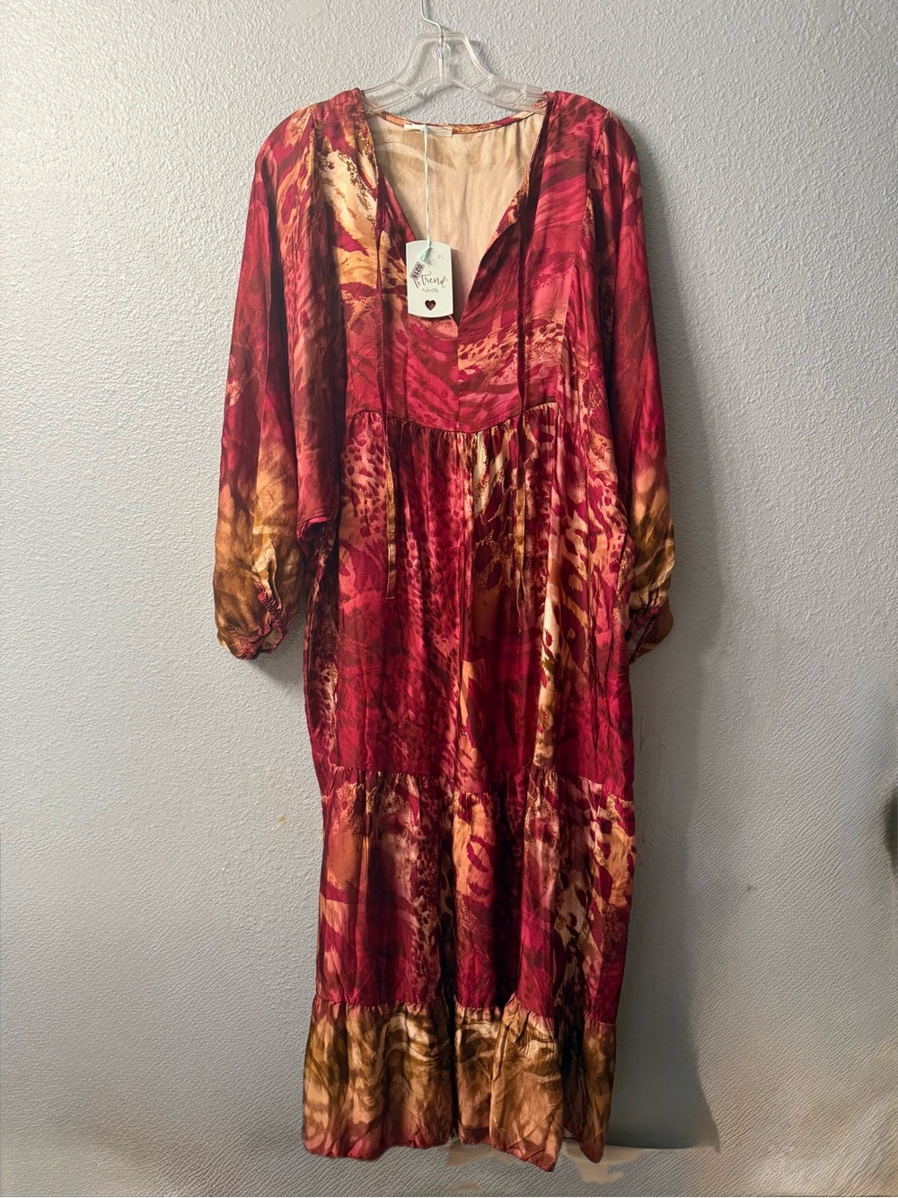 Women's Red & Brown Maxi Dress - Flowing V-Neck Boho Style nwt